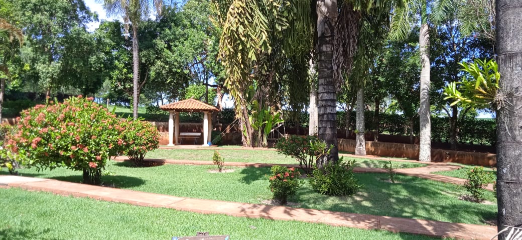 Jardim com árvores, flores e caminhos